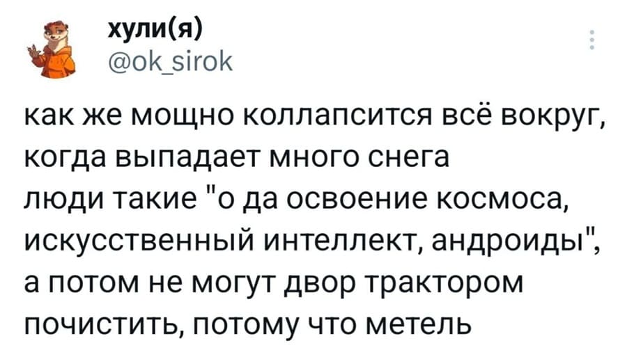 Как же мощно коллапсится всё вокруг, когда выпадает много снега люди такие «о да освоение космоса, искусственный интеллект, андроиды», а потом не могут двор трактором почистить, потому что метель.