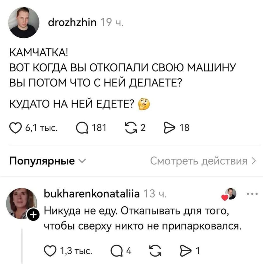 – КАМЧАТКА! ВОТ КОГДА ВЫ ОТКОПАЛИ СВОЮ МАШИНУ ВЫ ПОТОМ ЧТО С НЕЙ ДЕЛАЕТЕ? КУДА-ТО НА НЕЙ ЕДЕТЕ?
– Никуда не еду. Откапывать для того, чтобы сверху никто не припарковался.