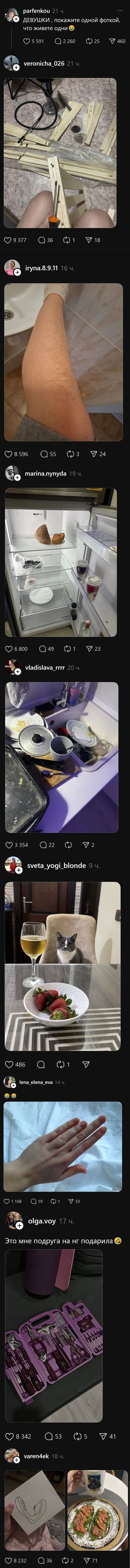 – Девушки‚ покажите одной фоткой, что живёте одни.