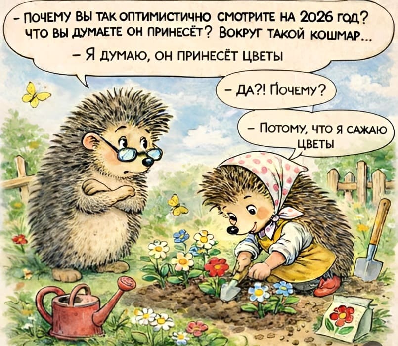 – Почему вы так оптимистично смотрите на 2026 год? Что вы думаете он принесёт? Вокруг такой кошмар...
– Я думаю, он принесёт цветы.
– Да?! Почему?
– Потому, что я сажаю цветы.