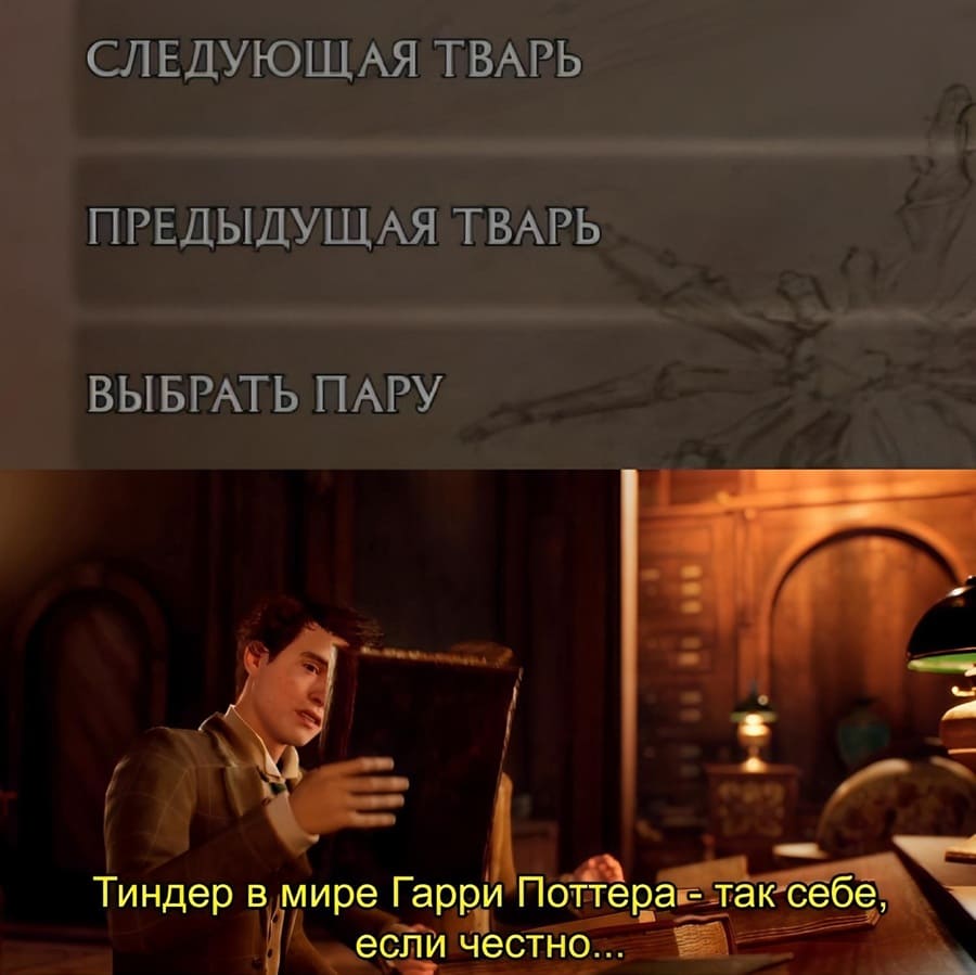 *СЛЕДУЮЩАЯ ТВАРЬ*
*ПРЕДЫДУЩАЯ ТВАРЬ*
*ВЫБРАТЬ ПАРУ*
Тиндер в мире Гарри Поттера так-себе, если честно...
