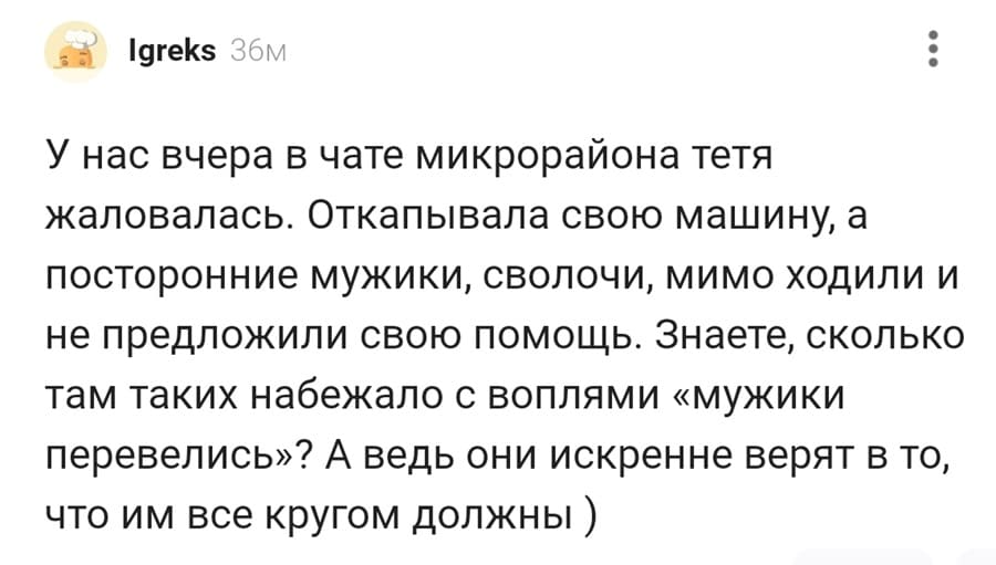 У нас вчера в чате микрорайона тетя жаловалась. Откапывала свою машину, а посторонние мужики, сволочи, мимо ходили и не предложили свою помощь. Знаете, сколько там таких набежало с воплями «мужики перевелись»? А ведь они искренне верят в то, что им все кругом должны.