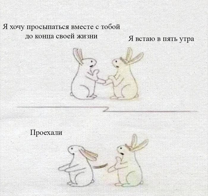 – Я хочу просыпаться вместе с тобой до конца своей жизни!
– Я встаю в пять утра.
– Проехали...
