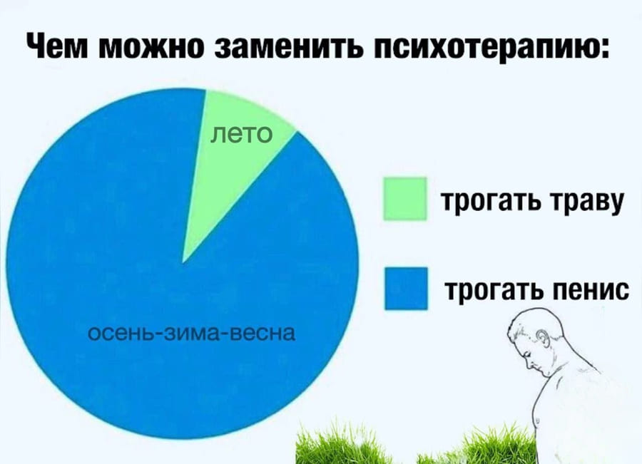 Чем можно заменить психотерапию:
лето
осень-зима-весна
трогать траву
трогать пенис