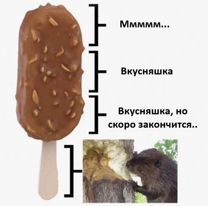 Стадии поедания мороженого:
– Ммммм...
– Вкусняшка...
– Вкусняшка, но скоро закончится...
– Обгрызаешь палочку от эскимо словно бобёр...