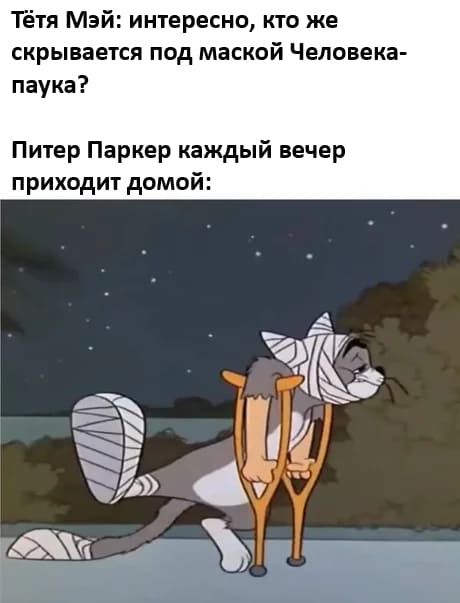 Тётя Мэй: интересно, кто же скрывается под маской Человека-паука?
Питер Паркер каждый вечер приходит домой: *В гипсе*