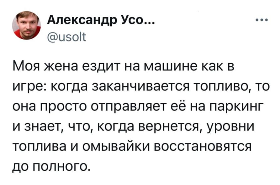 Моя жена ездит на машине как в игре: когда заканчивается топливо, то она просто отправляет её на паркинг и знает, что, когда вернется, уровни топлива и омывайки восстановятся до полного.