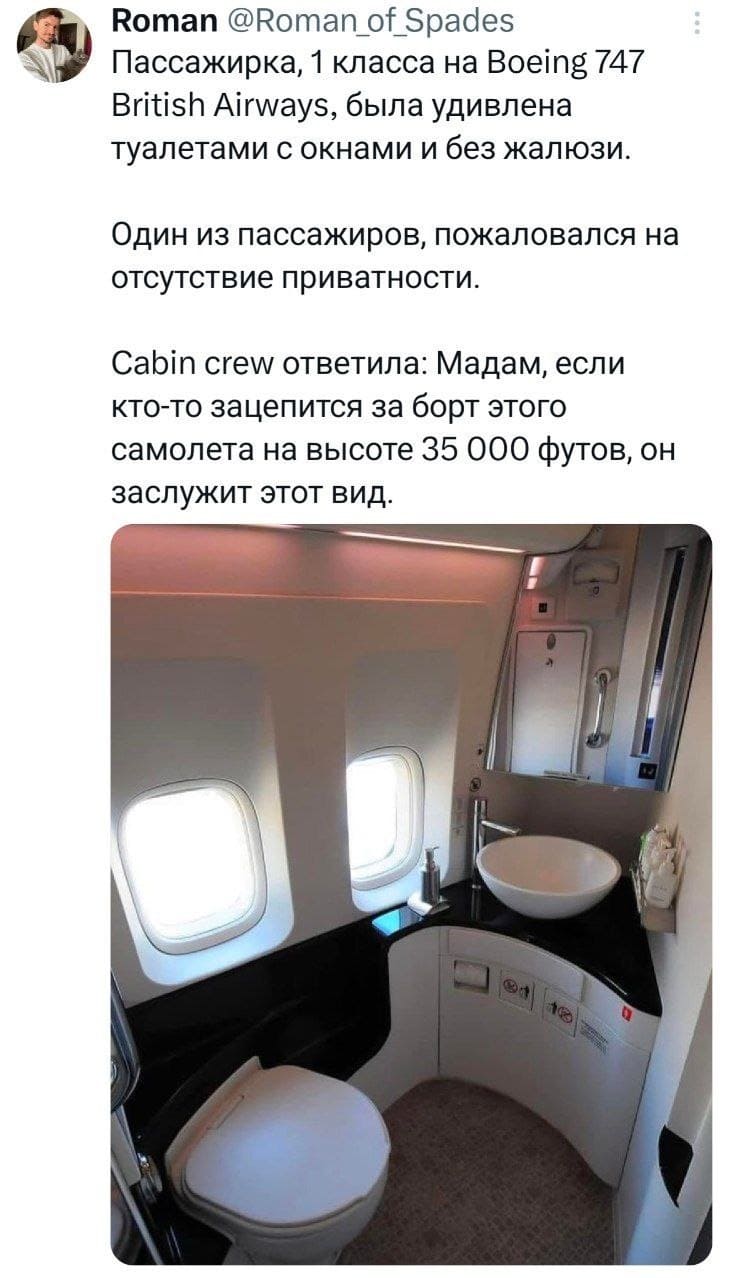 Пассажирка, 1 класса на Boeing 747 British Airways, была удивлена туалетами с окнами и без жалюзи. Один из пассажиров, пожаловался на отсутствие приватности.
Cabin crew ответила: Мадам, если кто-то зацепится за борт этого самолета на высоте 35 000 футов, он заслужит этот вид.