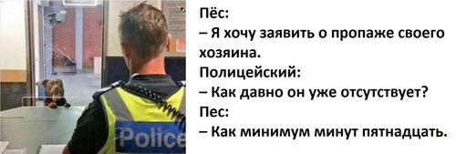 Пёс:
– Я хочу заявить о пропаже своего хозяина.
Полицейский:
– Как давно он уже отсутствует?
Пес:
– Как минимум минут пятнадцать.