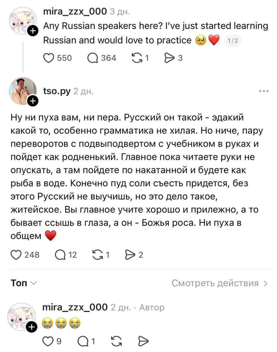 – Any Russian speakers here? I've just started learning Russian and would love to practice. (Перевод: Есть тут русские? Только начала изучать язык и хочу попрактиковаться)
– Ну ни пуха вам, ни пера. Русский он такой – эдакий какой то, особенно грамматика не хилая. Но ниче, пару переворотов с подвыподвертом с учебником в руках и пойдет как родненький. Главное пока читаете руки не опускать, а там пойдете по накатанной и будете как рыба в воде. Конечно пуд соли съесть придется, без этого Русский не выучишь, но это дело такое, житейское. Вы главное учите хорошо и прилежно, а то бывает ссышь в глаза, а он – Божья роса. Ни пуха в общем.