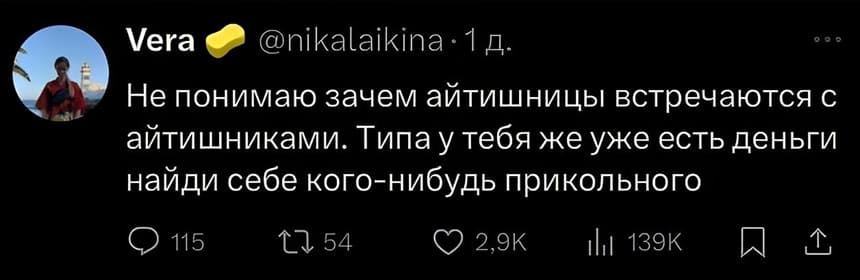 He понимаю зачем айтишницы встречаются с айтишниками. Типа у тебя же уже есть деньги. Найди себе кого-нибудь прикольного!