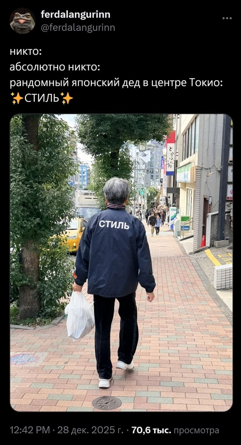 НИКТО:
Абсолютно никто:
Рандомный японский дед в центре Токио: *СТИЛЬ*