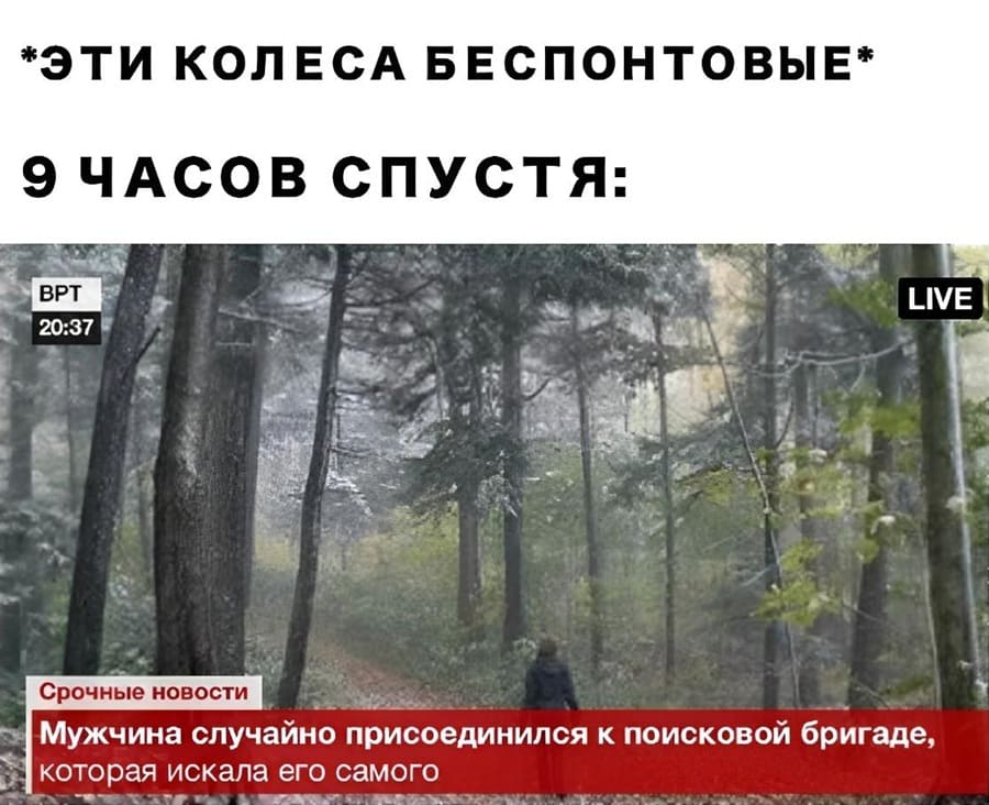 *ЭТИ КОЛЕСА БЕСПОНТОВЫЕ*
*9 ЧАСОВ СПУСТЯ*
Срочные новости:
Мужчина случайно присоединился к поисковой бригаде, которая искала его самого.