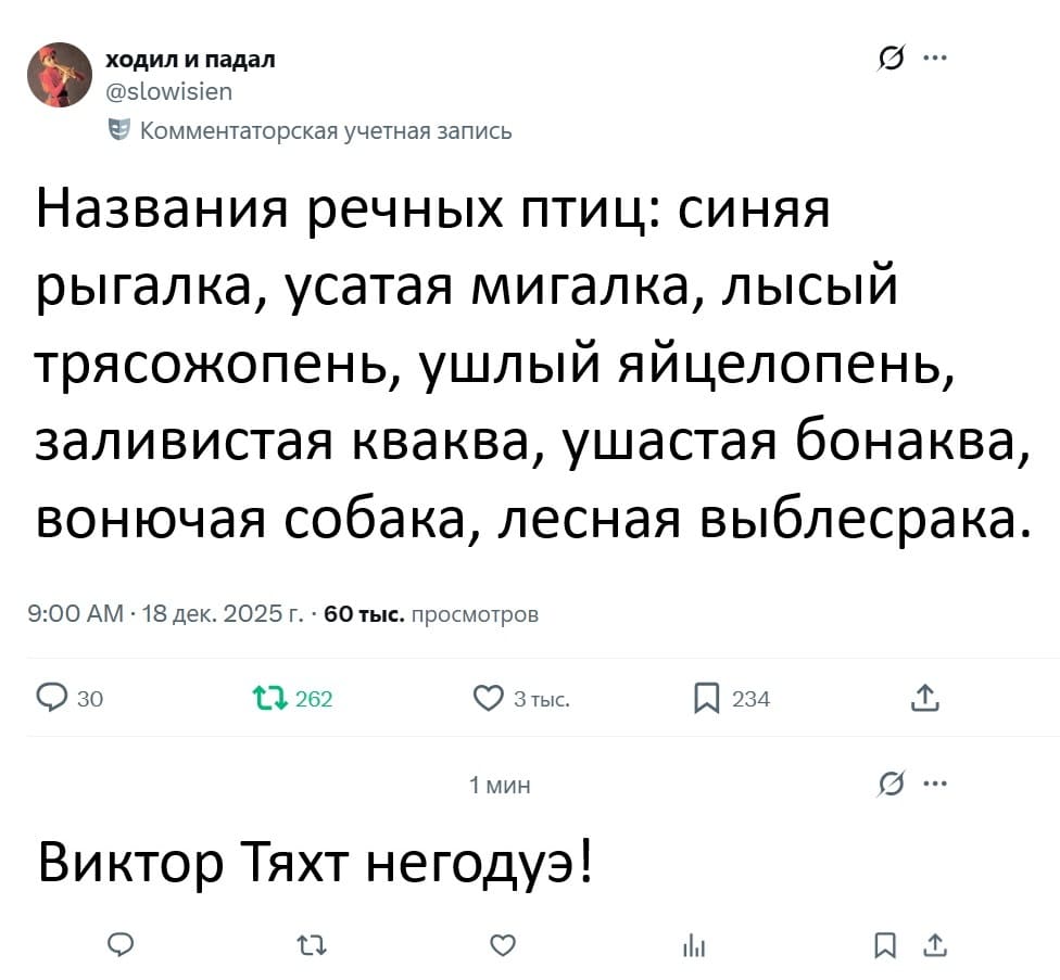 – Названия речных птиц: синяя рыгалка, усатая мигалка, лысый трясожопень, ушлый яйцелопень, заливистая кваква, ушастая бонаква, вонючая собака, лесная выблесрака.
– Виктор Тяхт негодуэ!