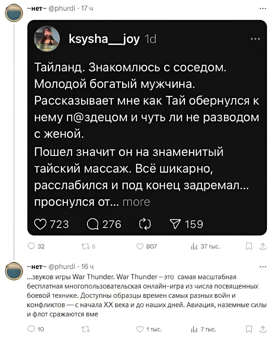 – Тайланд. Знакомлюсь с соседом. Молодой богатый мужчина. Рассказывает мне как Тай обернулся к нему п@здецом и чуть ли не разводом с женой. Пошел значит он на знаменитый тайский массаж. Всё шикарно, расслабился и под конец задремал... проснулся от... 
– ...звуков игры War Thunder. War Thunder — это самая масштабная бесплатная многопользовательская онлайн-игра из числа посвященных боевой технике. Доступны образцы времен самых разных войн и конфликтов — с начала ХХ века и до наших дней. Авиация, наземные силы и флот сражаются вме...