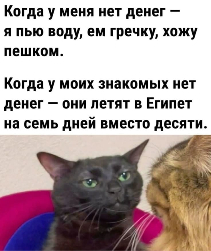 Когда у меня нет денег — я пью воду, ем гречку, хожу пешком.
Когда у моих знакомых нет денег — они летят в Египет на семь дней вместо десяти.