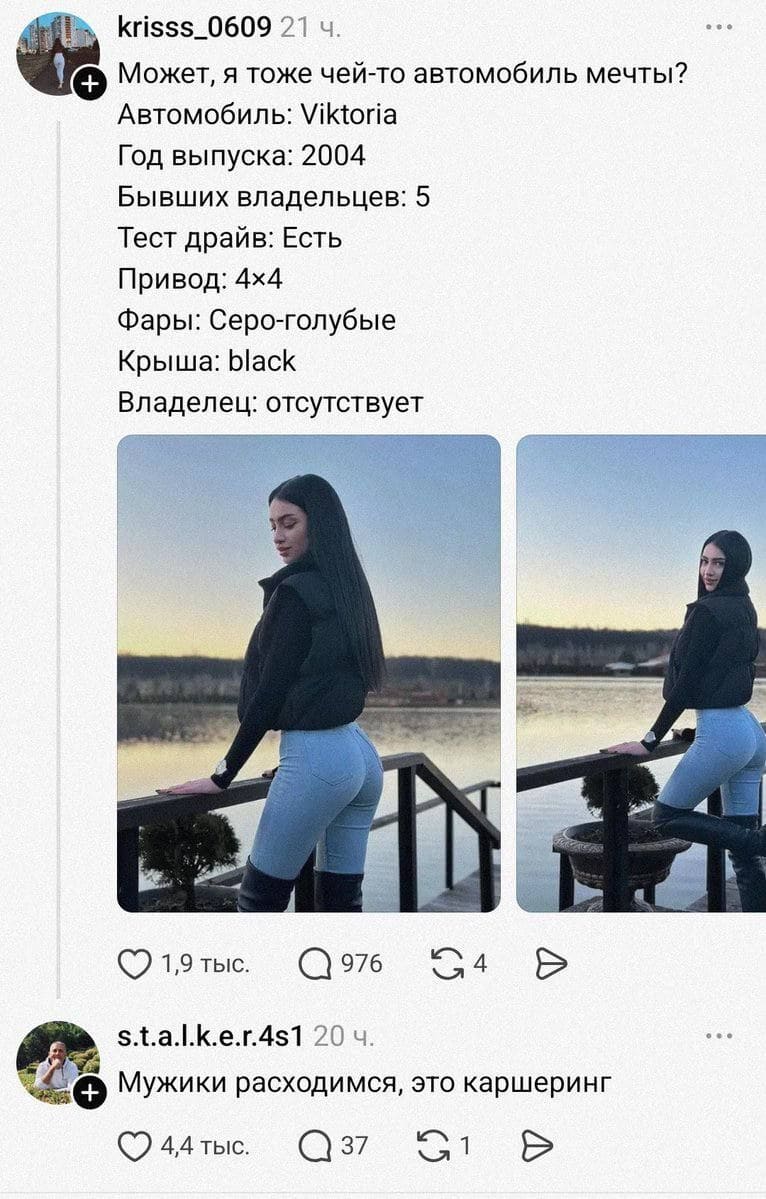 Женское объявление на сайте знакомств:
– Может, я тоже чей-то автомобиль мечты? Автомобиль: Viktoria. Год выпуска: 2004. Бывших владельцев: 5. Тест драйв: Есть. Привод: 4х4. Фары: Серо-голубые. Крыша: black. Владелец: отсутствует.
Комментарий:
– Мужики расходимся, это каршеринг!
