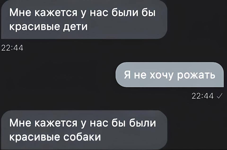 – Мне кажется у нас были бы красивые дети.
– Я не хочу рожать.
– Мне кажется у нас бы были красивые собаки.