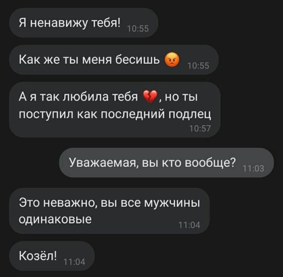 – Я ненавижу тебя! Как же ты меня бесишь! А я так любила тебя, но ты поступил как последний подлец.
– Уважаемая, вы кто вообще?
– Это неважно, вы все мужчины одинаковые. Козёл!