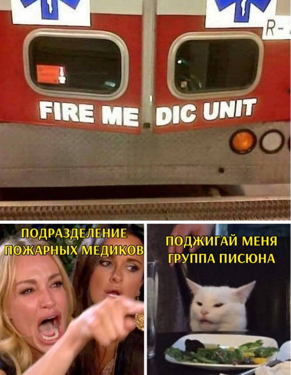 *FIRE ME DIC UNIT*
– Подразделение пожарных медиков!
– Поджигай меня группа писюна!