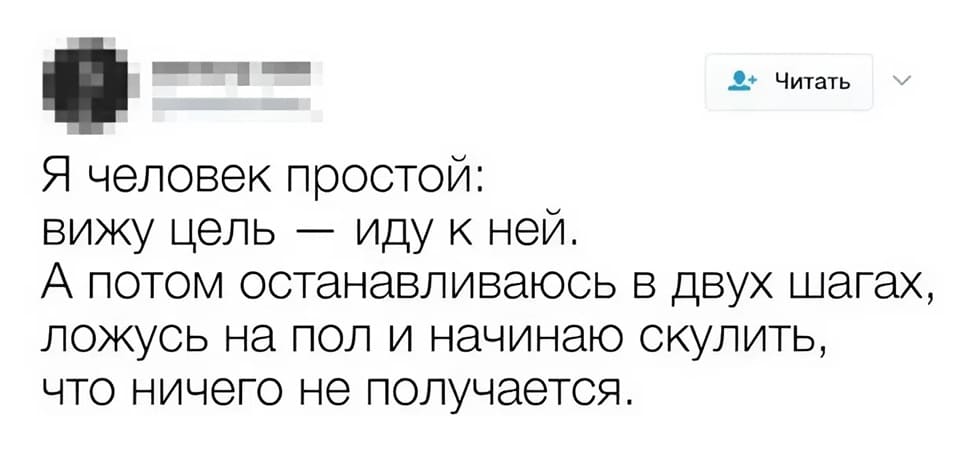 Я человек простой: Вижу цель — иду к ней.
А потом останавливаюсь в двух шагах, ложусь на пол и начинаю скулить, что ничего не получается.