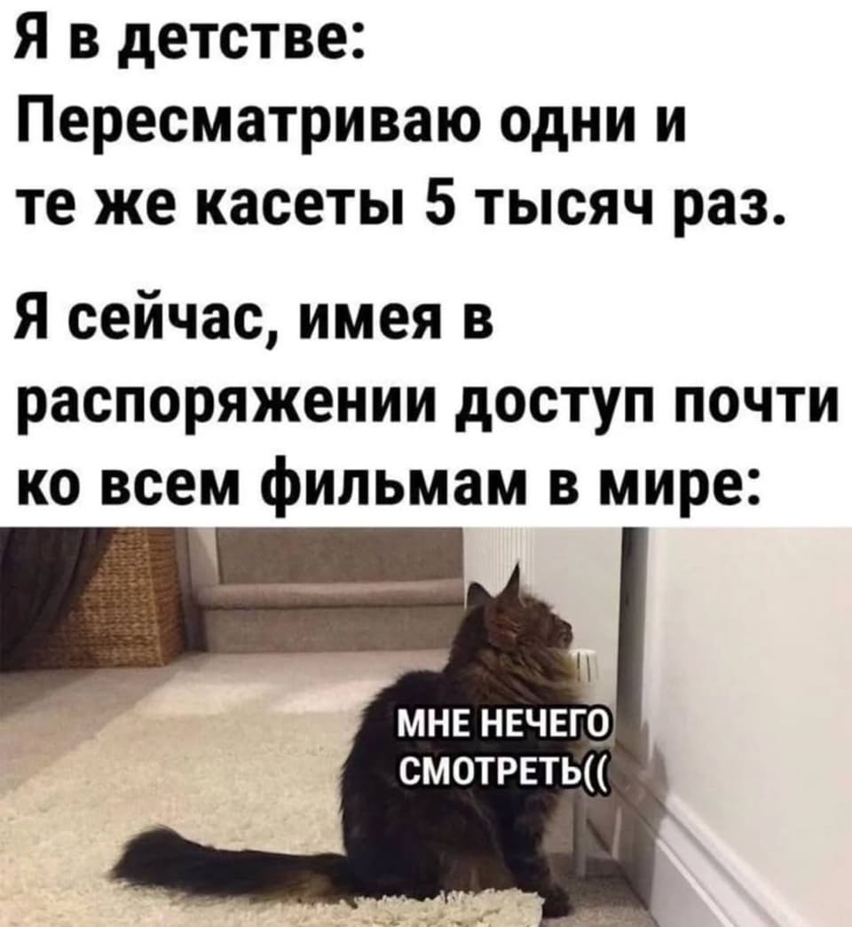 Я в детстве: Пересматриваю одни и те же кассеты 5 тысяч раз.
Я сейчас, имея в распоряжении доступ почти ко всем фильмам в мире: МНЕ НЕЧЕГО СМОТРЕТЬ...
