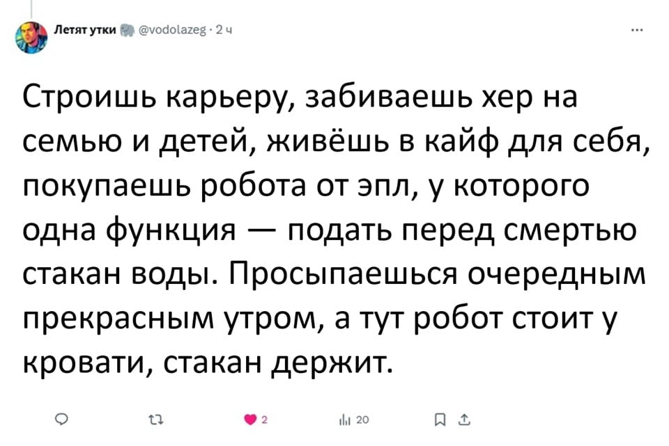 Строишь карьеру, забиваешь хер на семью и детей, живёшь в кайф для себя, покупаешь робота от эпл, у которого одна функция — подать перед смертью стакан воды. Просыпаешься очередным прекрасным утром, а тут робот стоит у кровати, стакан держит.