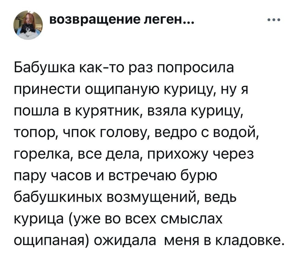 Бабушка как-то раз попросила принести ощипаную курицу, ну я пошла в курятник, взяла курицу, топор, чпок голову, ведро с водой, горелка, все дела, прихожу через пару часов и встречаю бурю бабушкиных возмущений, ведь курица (уже во всех смыслах ощипаная) ожидала меня в кладовке.