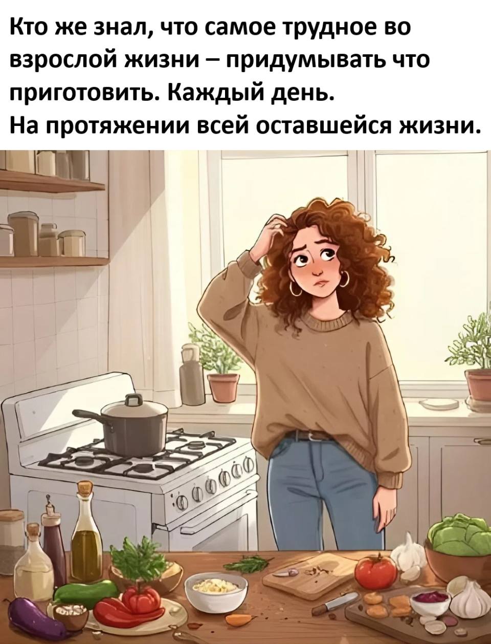 Кто же знал, что самое трудное во взрослой жизни — придумывать что приготовить. Каждый день. На протяжении всей оставшейся жизни.