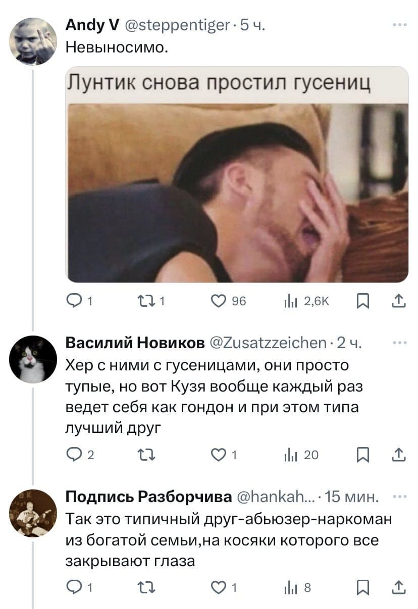 – Невыносимо. Лунтик снова простил гусениц.
– Хер с ними с гусеницами, они просто тупые, но вот Кузя вообще каждый раз ведет себя как гондон и при этом типа лучший друг.
– Так это типичный друг-абьюзер-наркоман из богатой семьи, на косяки которого все закрывают глаза.