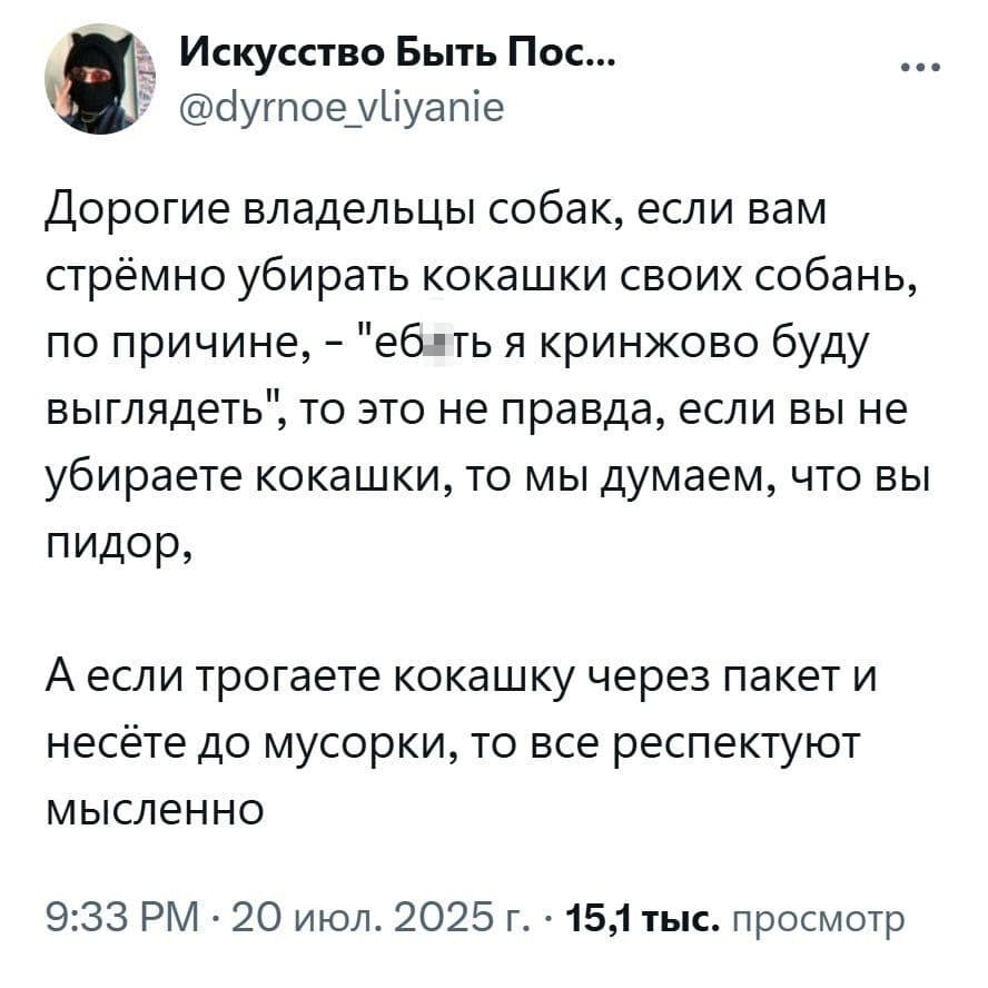Дорогие владельцы собак, если вам стрёмно убирать кокашки своих собань, по причине, – «еб**ь я кринжово буду выглядеть», то это не правда, если вы не убираете кокашки, то мы думаем, что вы пидор, а если трогаете кокашку через пакет и несёте до мусорки, то все респектуют мысленно.