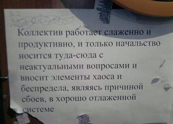 Коллектив работает слаженно и продуктивно, и только начальство носится туда-сюда с неактуальными вопросами и вносит элементы хаоса и беспредела, являясь причиной сбоев, в хорошо отлаженной системе.