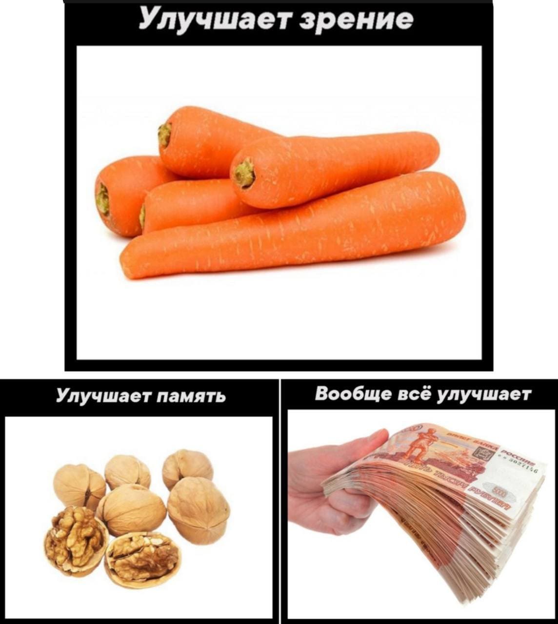 Морковь — Улучшает зрение.
Грецкий орех — Улучшает память.
Крупная сумма денег — Вообще всё улучшает.