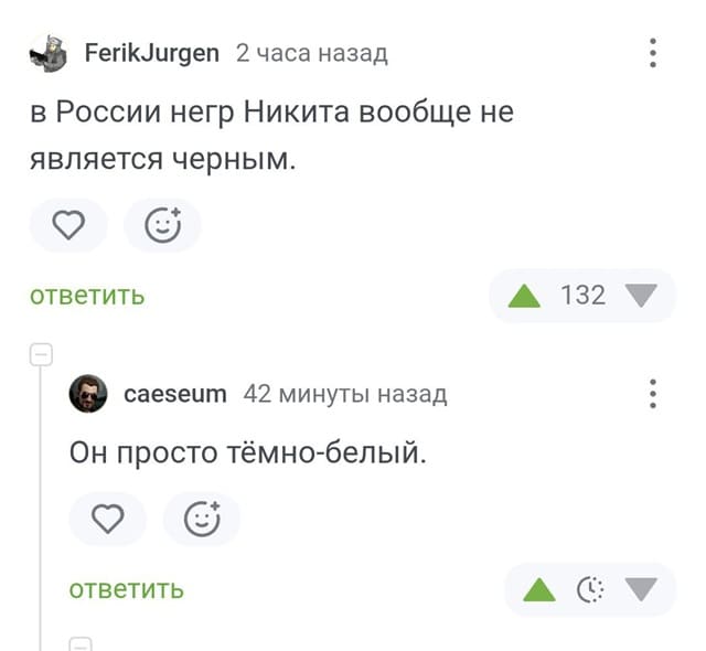 – В России негр Никита вообще не является чёрным.
– Он просто тёмно-белый.