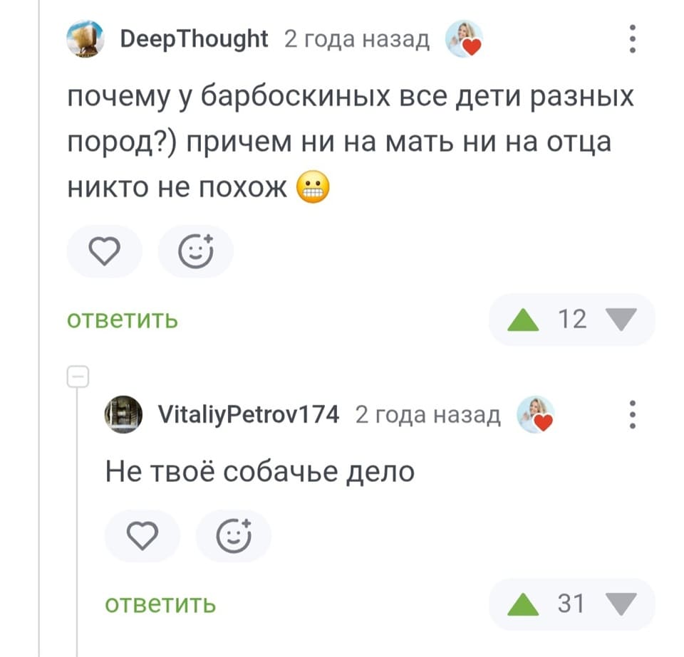 – Почему у «Барбоскиных» все дети разных пород?) Причем ни на мать, ни на отца, никто из них не похож.
– Не твоё собачье дело.