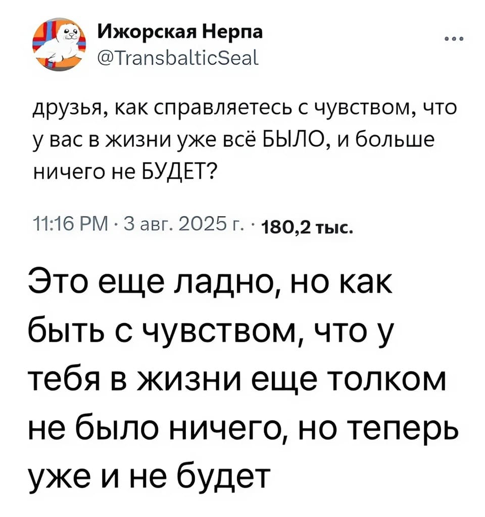 – Друзья, как справляетесь с чувством, что у вас в жизни уже всё БЫЛО, и больше ничего не БУДЕТ?
– Это ещё ладно, но как быть с чувством, что у тебя в жизни ещё толком не было ничего, но теперь уже и не будет...