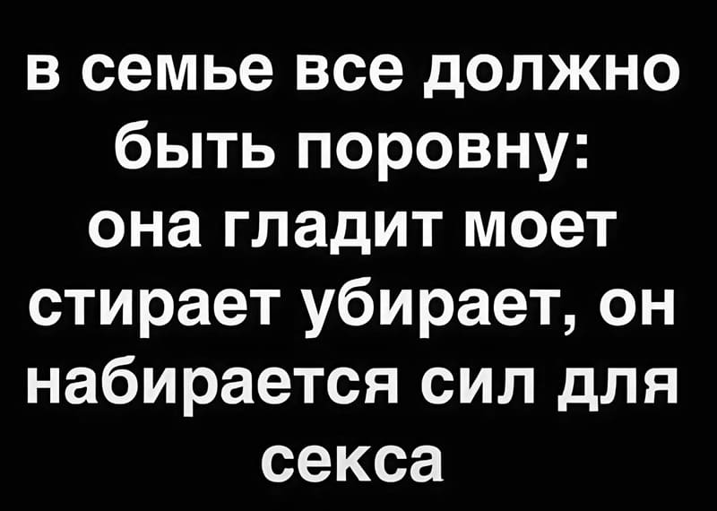 В семье всё должно быть поровну: она гладит, моет, стирает, убирает, он: набирается сил для секса.
