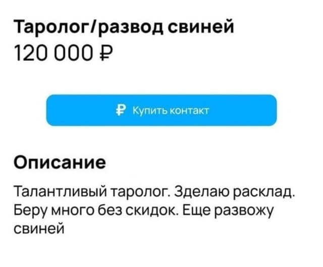 Таролог/развод свиней
Купить контакт
Описание
Талантливый таролог. Зделаю расклад. Беру много без скидок. Еще развожу свиней.