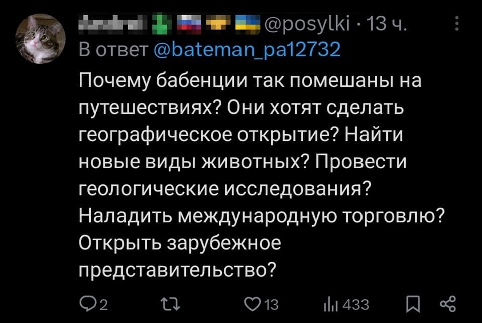 Почему женщины так помешаны на путешествиях? Они хотят сделать географическое открытие? Найти новые виды животных? Провести геологические исследования? Наладить международную торговлю? Открыть зарубежное представительство?