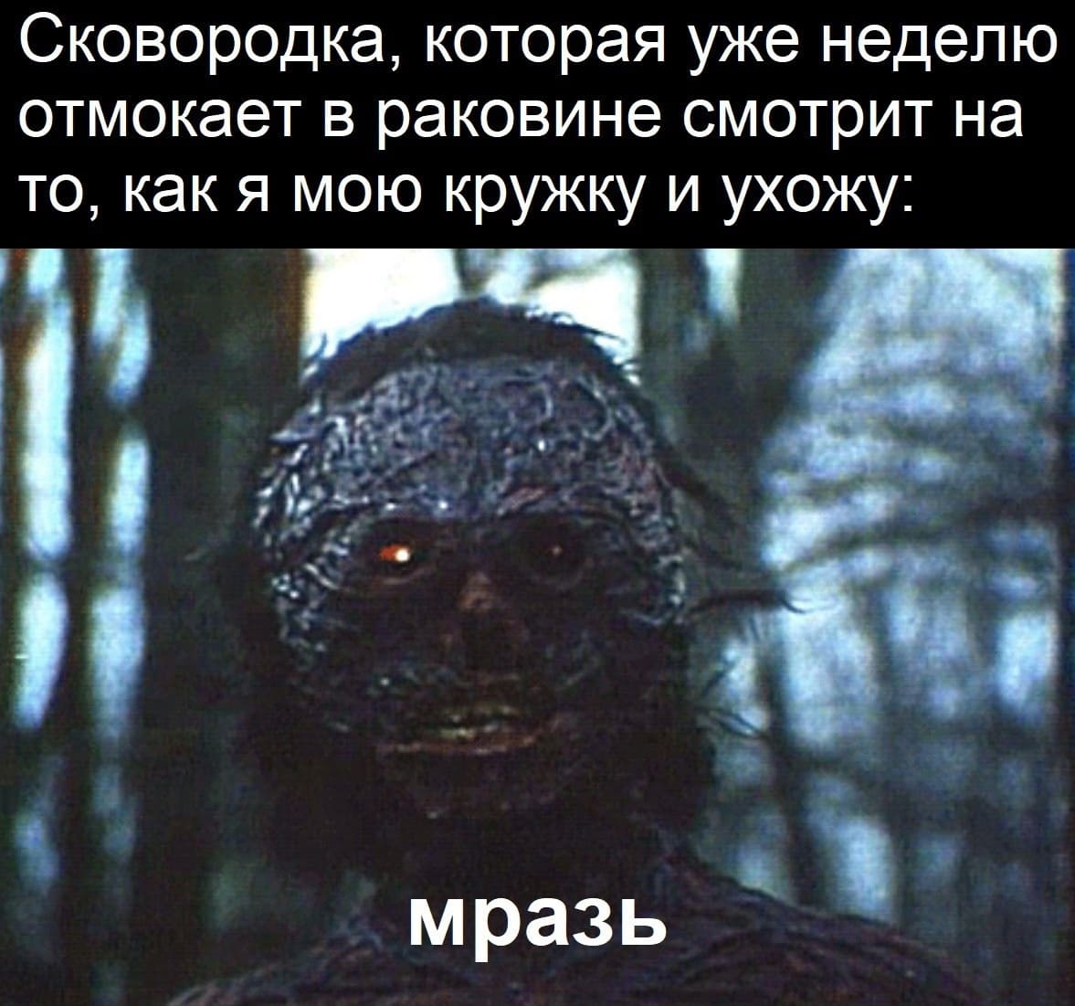 Сковородка, которая уже неделю отмокает в раковине смотрит на то, как я мою кружку и ухожу: Мразь...