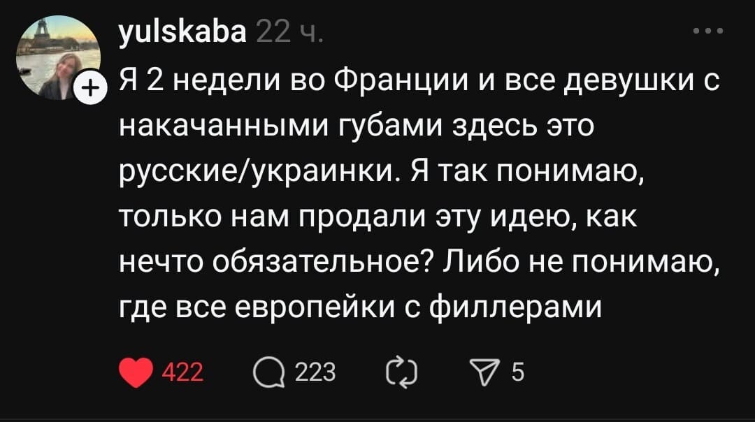 Я 2 недели во Франции и все девушки с накачанными губами здесь это русские/украинки. Я так понимаю, только нам продали эту идею, как нечто обязательное? Либо не понимаю, где все европейки с филлерами.