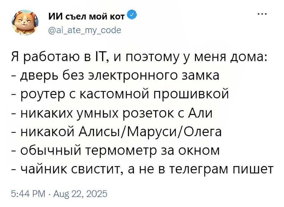 Я работаю в IT, и поэтому у меня дома:
– дверь без электронного замка
– роутер с кастомной прошивкой
– никаких умных розеток с Али
– никакой Алисы/Маруси/Олега
– обычный термометр за окном
– чайник свистит, а не в телеграм пишет