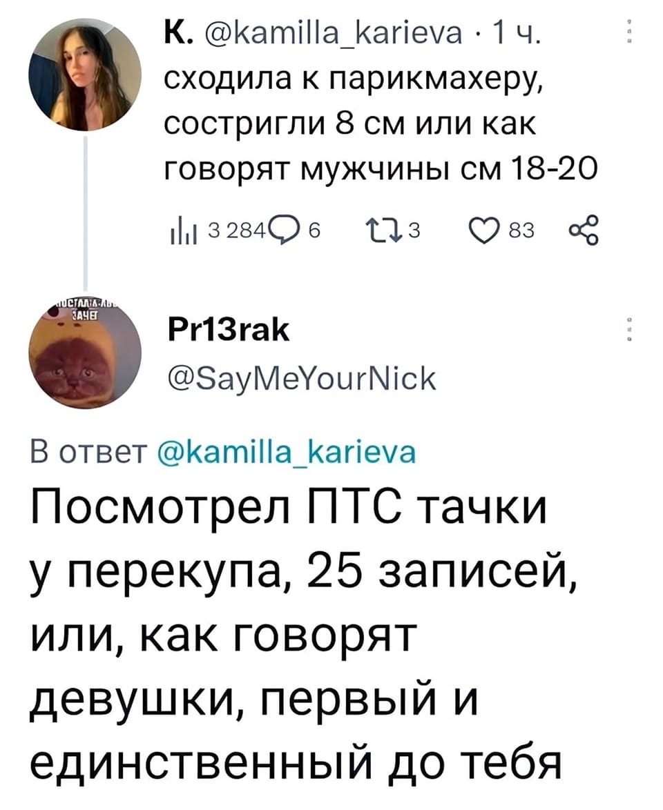 – Сходила к парикмахеру, состригли 8 см. или как говорят мужчины см 18-20.
– Посмотрел ПТС тачки у перекупа, 25 записей, или, как говорят девушки, первый и единственный до тебя.