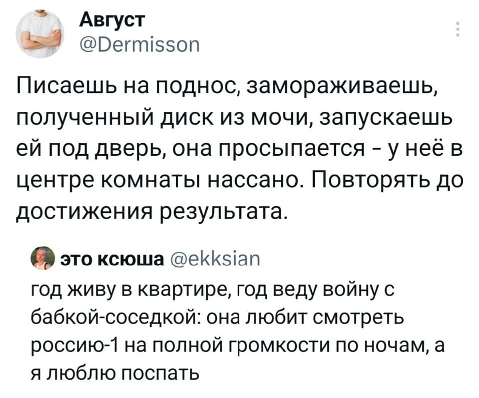 – Писаешь на поднос, замораживаешь, полученный диск из мочи, запускаешь ей под дверь, она просыпается — у неё в центре комнаты нассано. Повторять до достижения результата.
– Год живу в квартире, год веду войну с бабкой-соседкой: она любит смотреть россию-1 на полной громкости по ночам, а я люблю поспать.