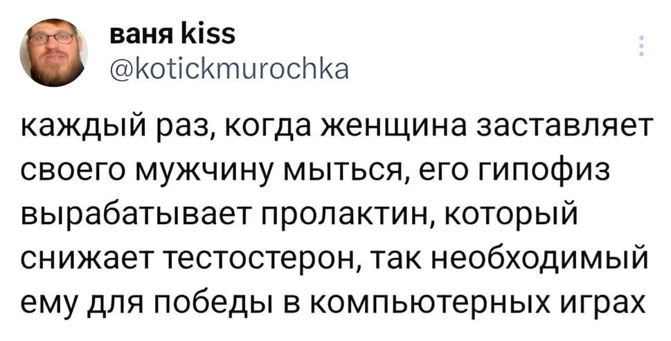 Каждый раз, когда женщина заставляет своего мужчину мыться, его гипофиз вырабатывает пролактин, который снижает тестостерон, так необходимый ему для победы в компьютерных играх.