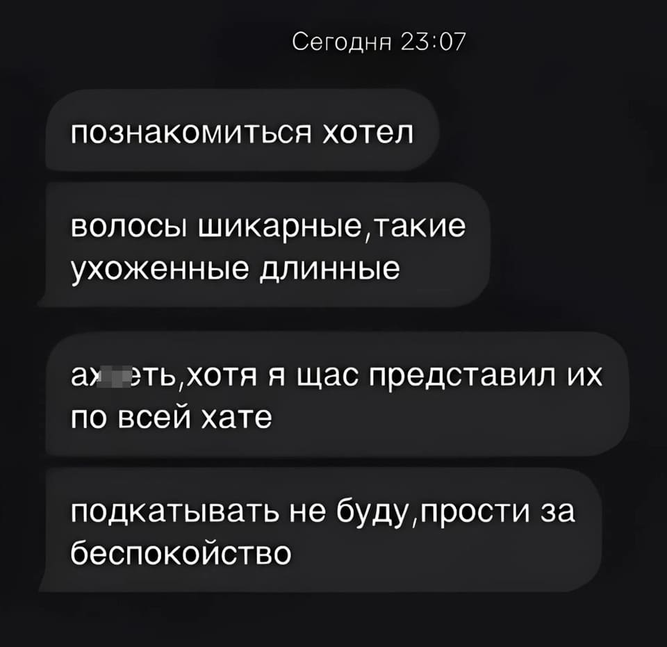 – Познакомиться хотел. Волосы шикарные, такие ухоженные длинные. Ах*еть, хотя я щас представил их по всей хате. Подкатывать не буду, прости за беспокойство.