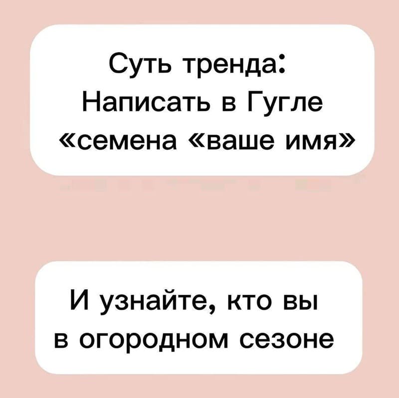 Суть тренда:
Написать в Г угле <<семена <<ваше имя>>
И узнайте, кто вы в огородном сезоне.