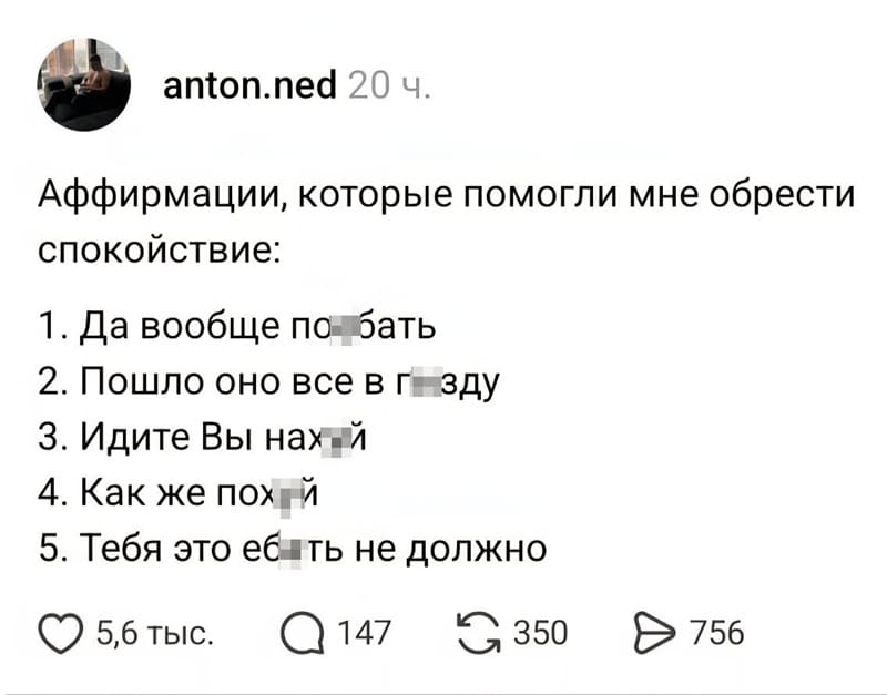 Аффирмации, которые помогли мне обрести спокойствие:
1. Да вообще по*бать
2. Пошло оно все в п*зду
З. Идите Вы нах*й
4. Как же пох*й
5. Тебя это *бать не должно