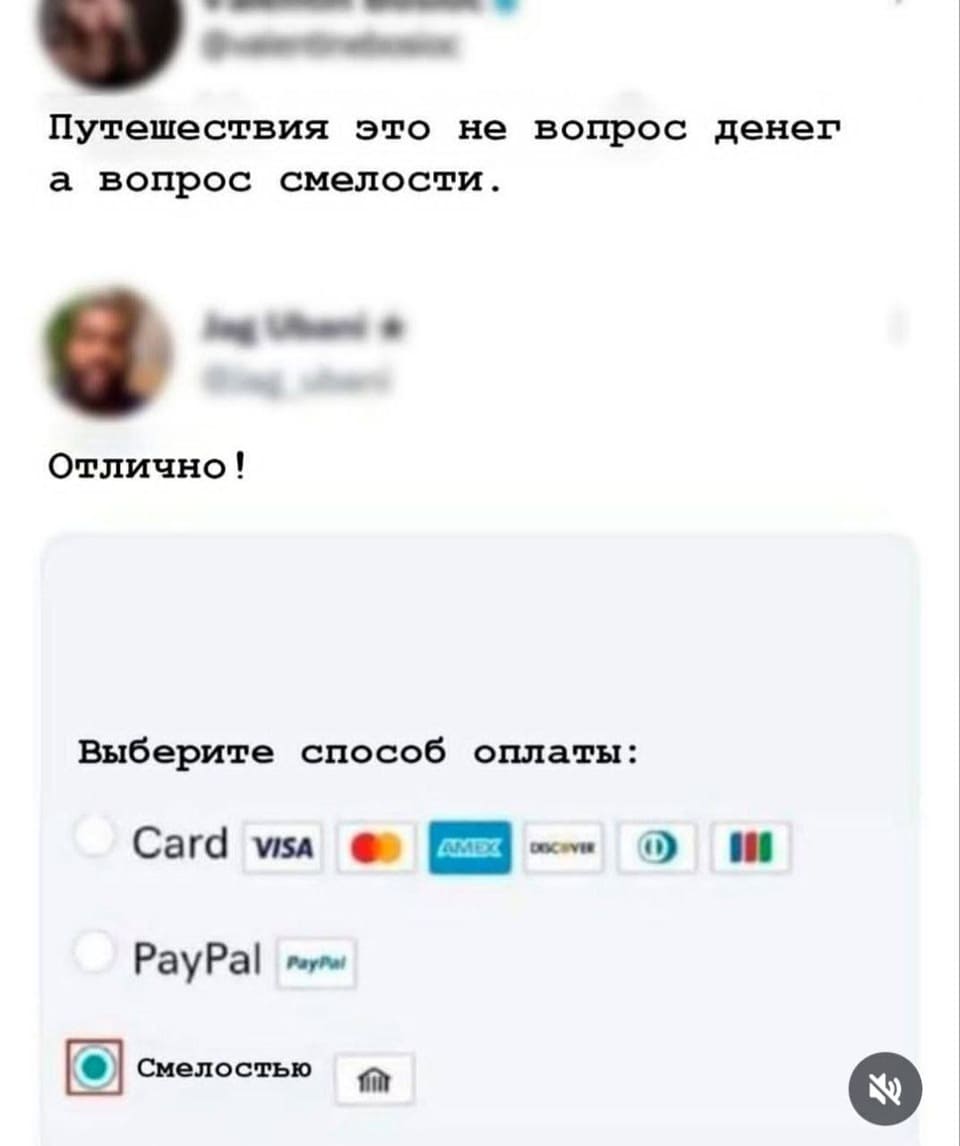 – Путешествия это не вопрос денег, а вопрос смелости.
– Отлично!
Выберите способ оплаты:
BankCard
РауРаl
Смелостью