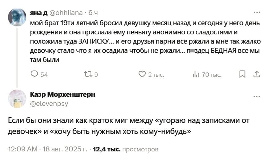 – Мой брат 19-ти летний бросил девушку месяц назад и сегодня у него день рождения и она прислала ему пеньяту анонимно со сладостями и положила туда ЗАПИСКУ... и его друзья парни все ржали, а мне так жалко девочку стало что я их осадила чтобы не ржали... БЕДНАЯ все мы там были.
– Если бы они знали как краток миг между «угораю над записками от девочек» и «хочу быть нужным хоть кому-нибудь»